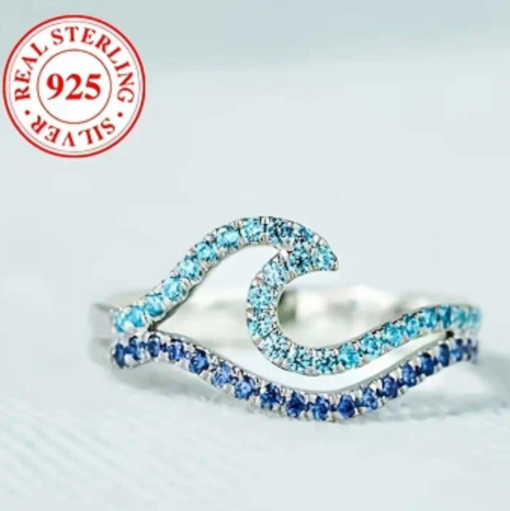 Sterling Silver Blue Ocean Wave Ring with Zircon